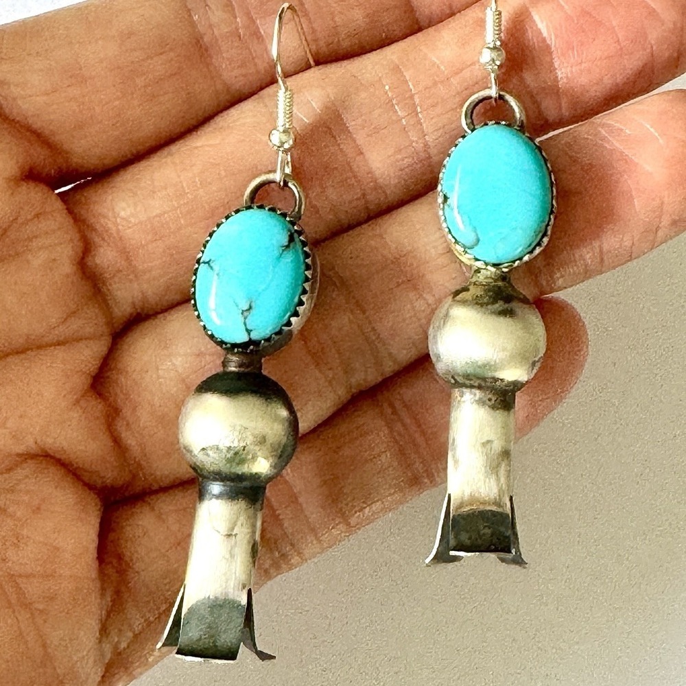 Navajo Squash Blossom Turquoise Earrings 925 Matte Pearls Hook Naja Signed T3